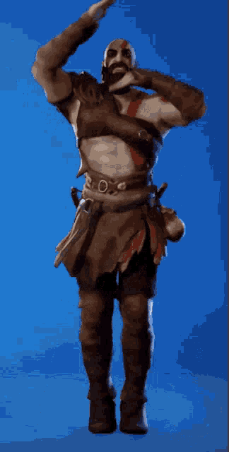 a man with a beard and a sword is dancing in front of a blue background