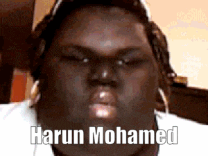 a close up of a person 's face with the name harun mohamed written on the bottom