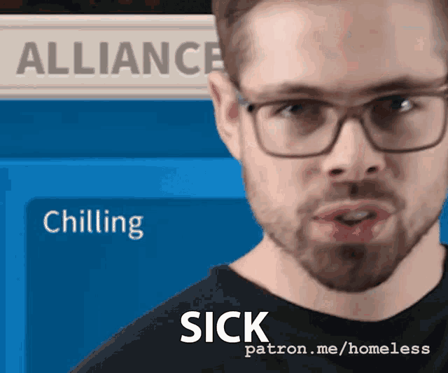 a man wearing glasses and a black shirt with the words sick patron.me/homeless on the bottom
