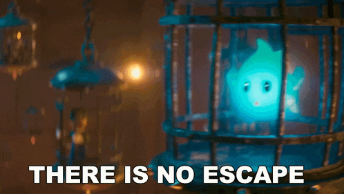 a blue dolphin in a cage with the words there is no escape