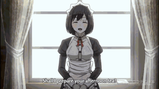a girl in a maid outfit is standing in front of a window and says " shall i prepare your afternoon tea "