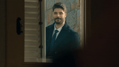 a man in a suit is looking out of a window with shutters open .