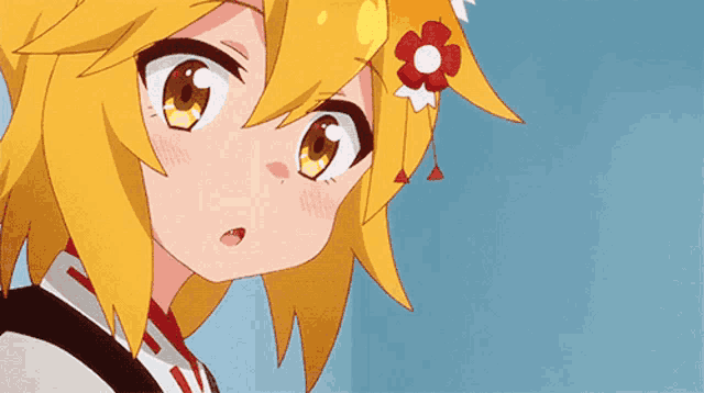 a close up of an anime girl with yellow hair and a flower in her hair
