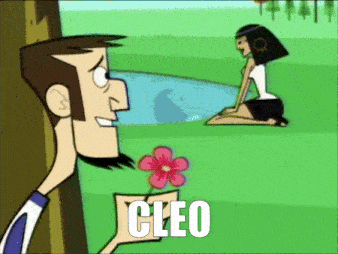 a cartoon of a man giving a flower to a woman with the name cleo on the bottom