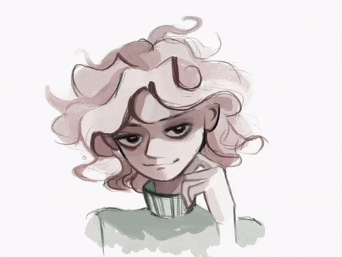 a drawing of a person with curly hair wearing a sweater and a turtleneck .