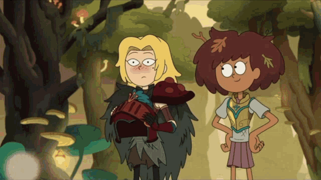 two cartoon characters standing next to each other in the woods