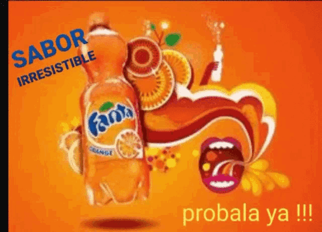 a bottle of fanta orange soda is surrounded by orange slices and a mouth