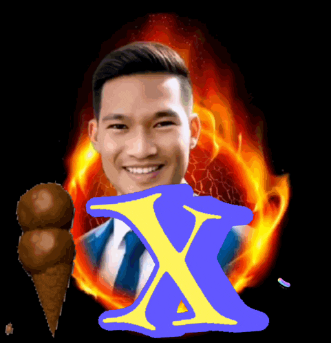 a man holding an ice cream cone with a blue letter x behind him