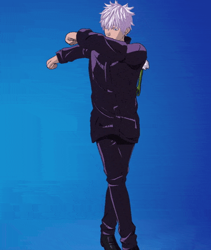 a man in a purple jacket and black pants is standing on a blue background