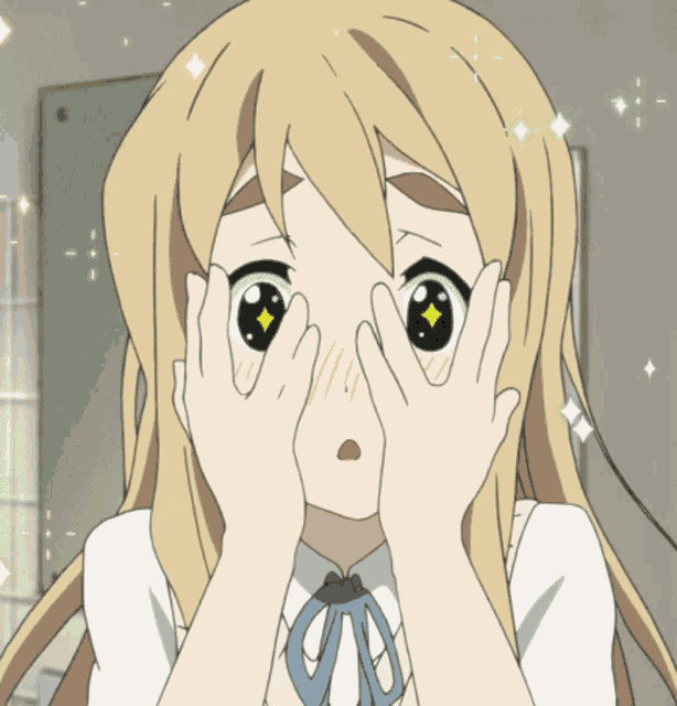 a blonde haired anime girl covering her face with her hands