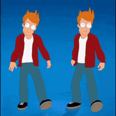 two cartoon characters are standing next to each other with their arms in the air