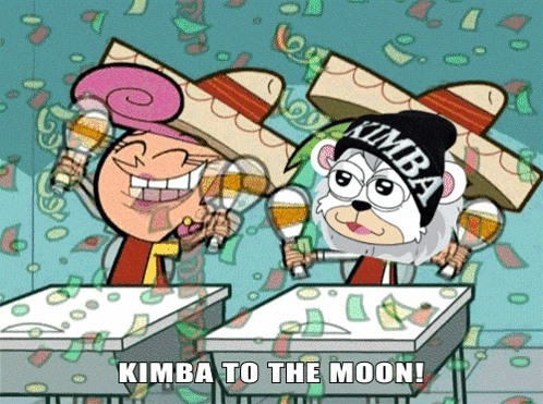 a cartoon says kimba to the moon with two characters