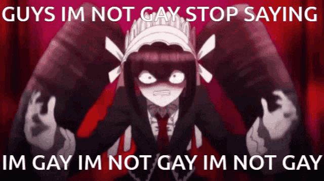 a cartoon of a girl with the words " guys im not gay stop saying im gay im not gay im not gay " on the bottom