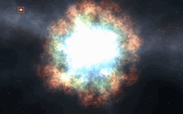 a computer generated image of a colorful explosion with an eye in the corner
