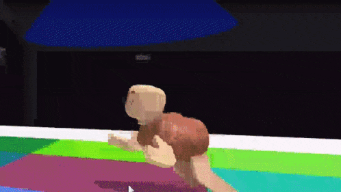 a pixel art of a baby crawling on a rainbow rug