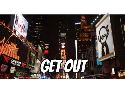 a busy city street at night with a sign that says " get out "