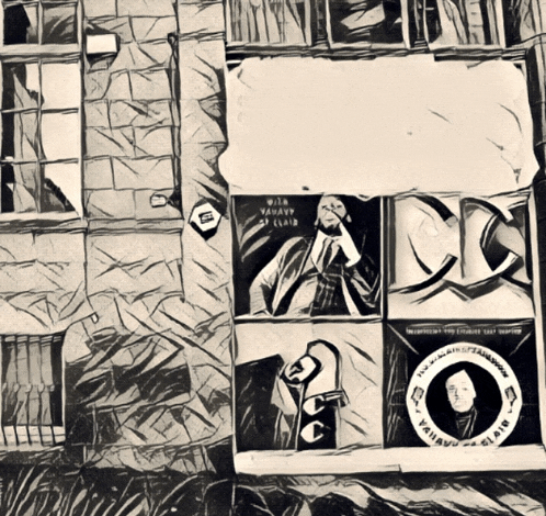 a black and white drawing of a building with a sign that says " wild vavavava " on it