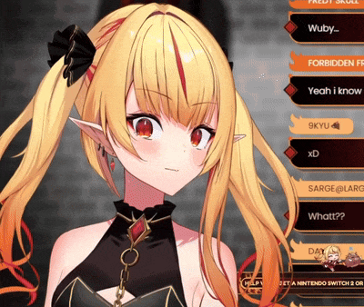 a girl with blonde hair and red eyes is talking on a video game