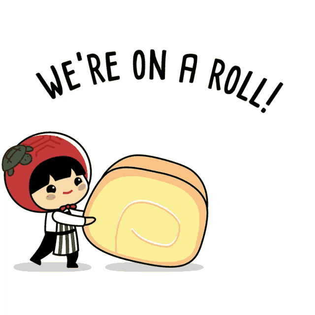 a cartoon character with a tomato head and the words we 're on a roll below him
