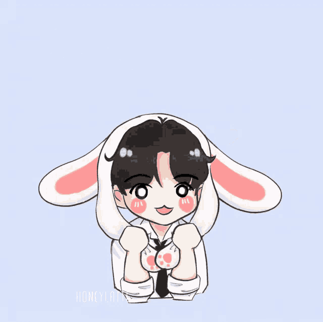 a drawing of a boy wearing bunny ears with the word honey on the bottom right