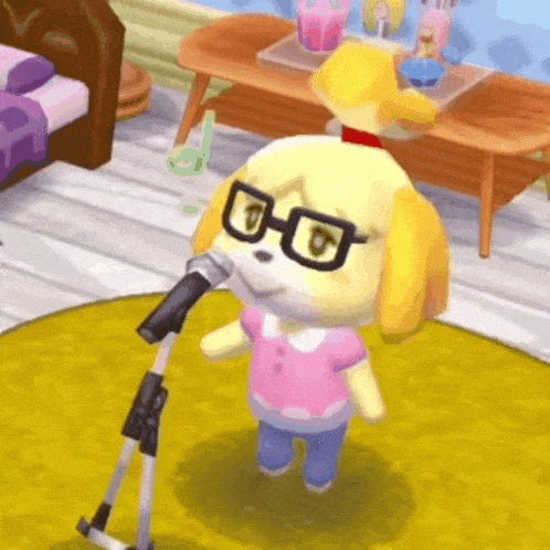 a cartoon dog wearing glasses is singing into a microphone in a room .