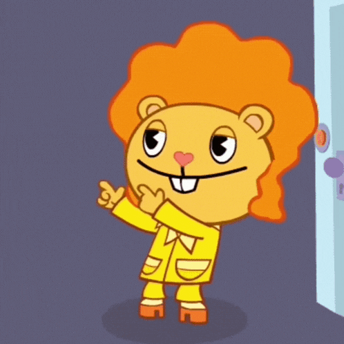 a cartoon lion with orange hair is standing in front of a blue door