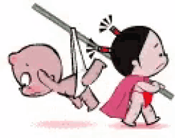 a cartoon of a girl holding a stick and a baby hanging from it .
