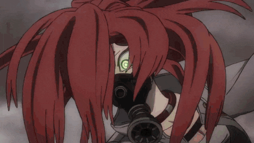 a girl with red hair wearing a gas mask