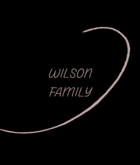 a pink swirl with wilson family written in pink on a black background