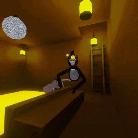 a monkey wearing a jetix shirt is standing on a yellow surface