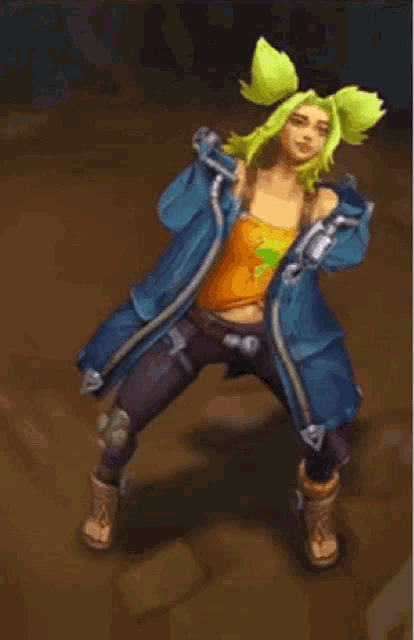 a cartoon character with green hair and a blue jacket is dancing .