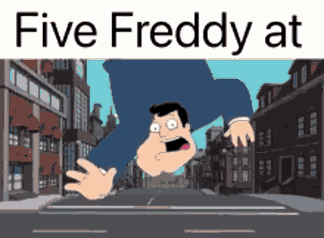 a cartoon of a man doing a handstand on a street with the words five freddy at the bottom