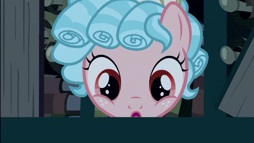 a cartoon pony with blue hair looks surprised