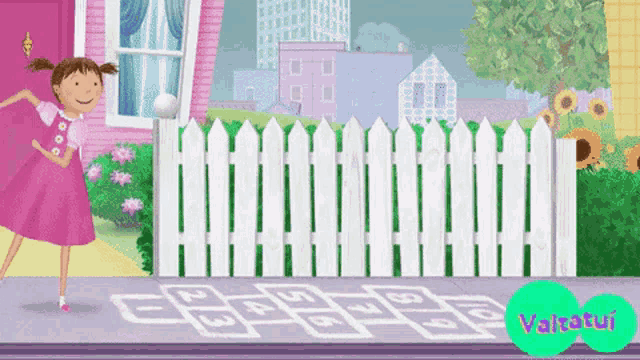 a girl in a pink dress is playing hopscotch in front of a fence