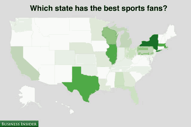 a map of the united states shows the best sports fans in each state