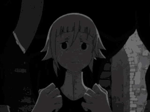 a black and white drawing of a girl with purple hair covering her face