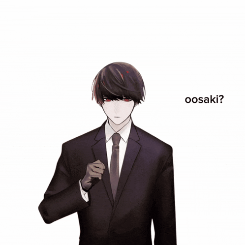 a man in a suit and tie is pointing at the camera with the words oosaki behind him