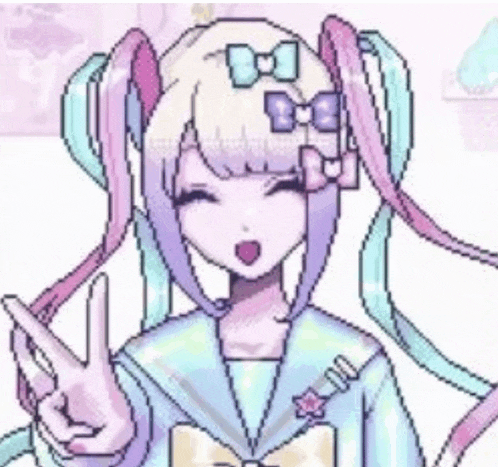 a pixel art drawing of a girl with pigtails and a bow on her head .