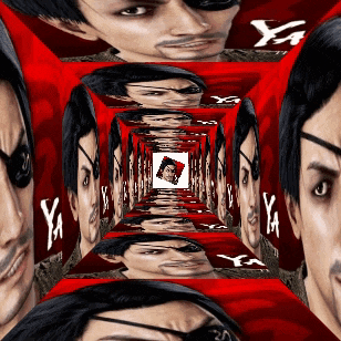a picture of a man 's face is surrounded by red squares with the letters ya on them
