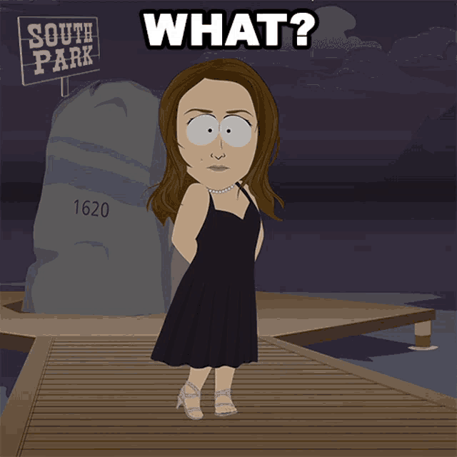 a cartoon of a woman standing on a dock with a sign that says south park in the background