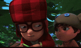 a cartoon character wearing glasses and a hat with a blue button on it