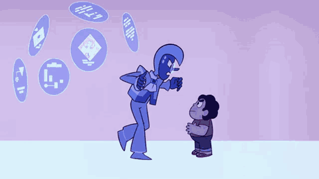 a cartoon character standing next to another cartoon character with a purple background