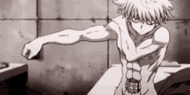 a black and white drawing of a shirtless anime character .