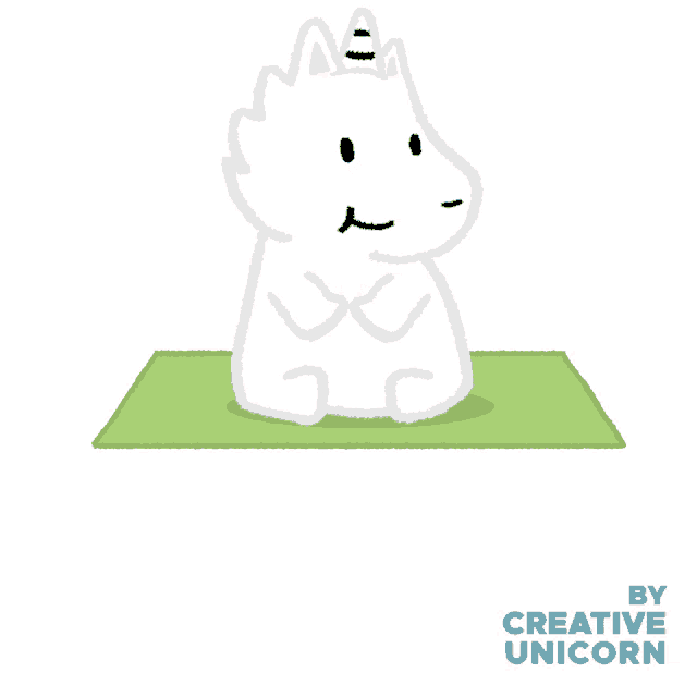 a cartoon of a unicorn sitting on a yoga mat with the word namaste written below it