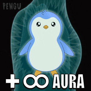 a penguin is surrounded by a glowing aura and the word aura is on the bottom