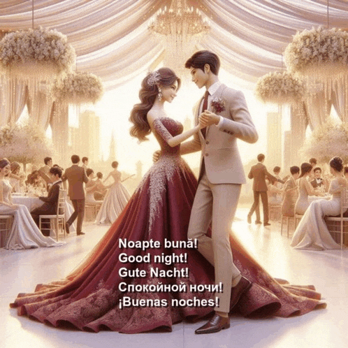a man and a woman are dancing in a ballroom with the words noapte buna good night gute nacht written on the bottom