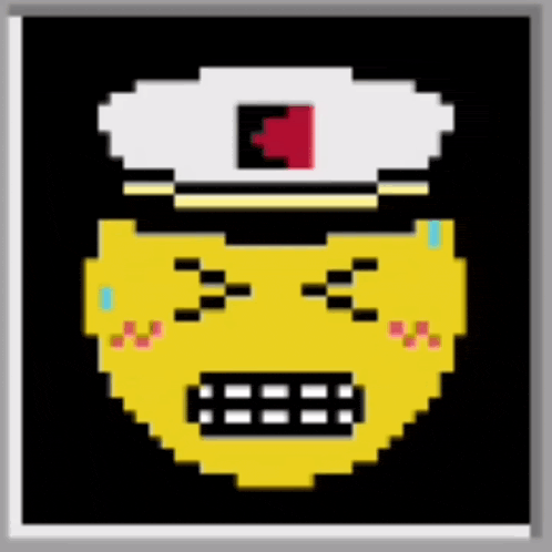 a pixel art of a smiley face wearing a hat with the letter c on it