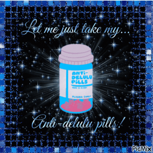 a bottle of anti-delulu pills is on a blue background