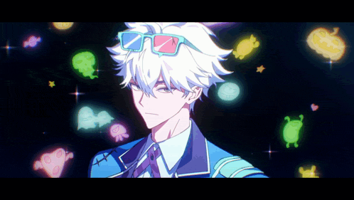 a cartoon character wearing 3d glasses and surrounded by colorful ghosts