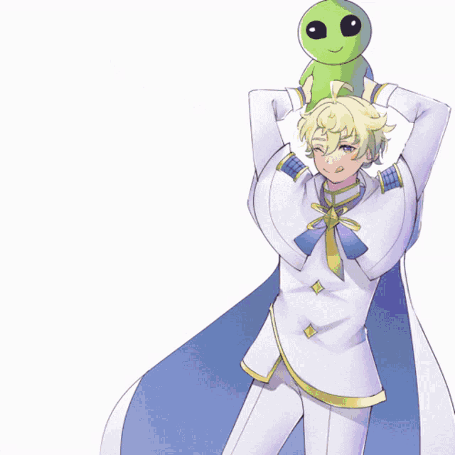 a boy in a white suit holds a green alien on his head
